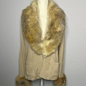 Cashmere Tan Fur-Trimmed Women's Cardigan Sweater Medium